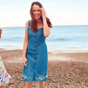 Cath Kidston Denim Sleeveless Fit and Flare Dress Garden Embroidered 2 Women's